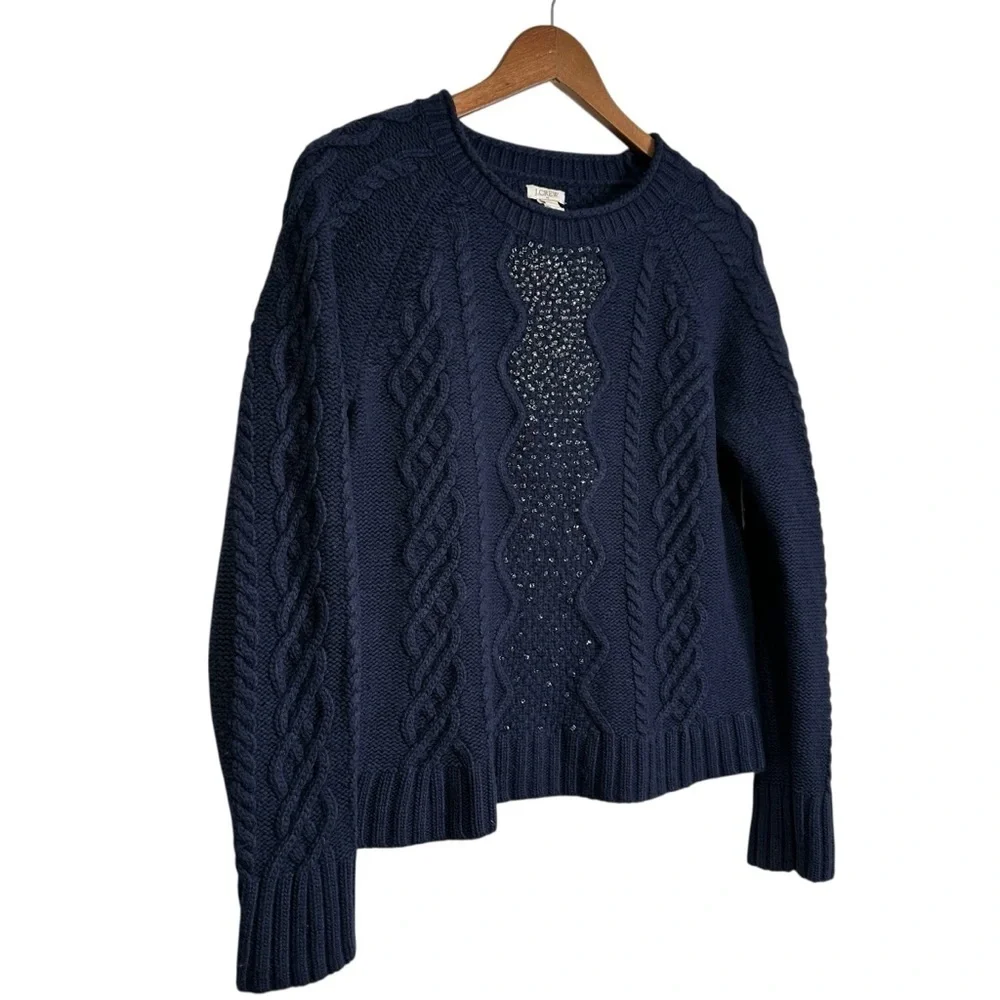 J. Crew Women’s L Navy Blue Beaded Wool Blend Cable Knit Sweater